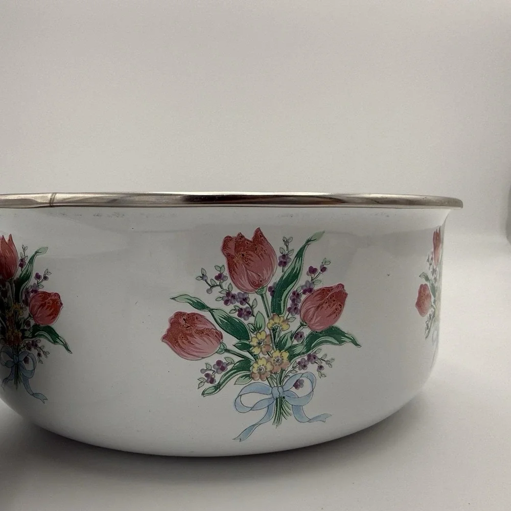 Vtg Metal Enamel Ware Nesting Mixing Bowls Set 3 Pink Floral MCM Cottage Shabby